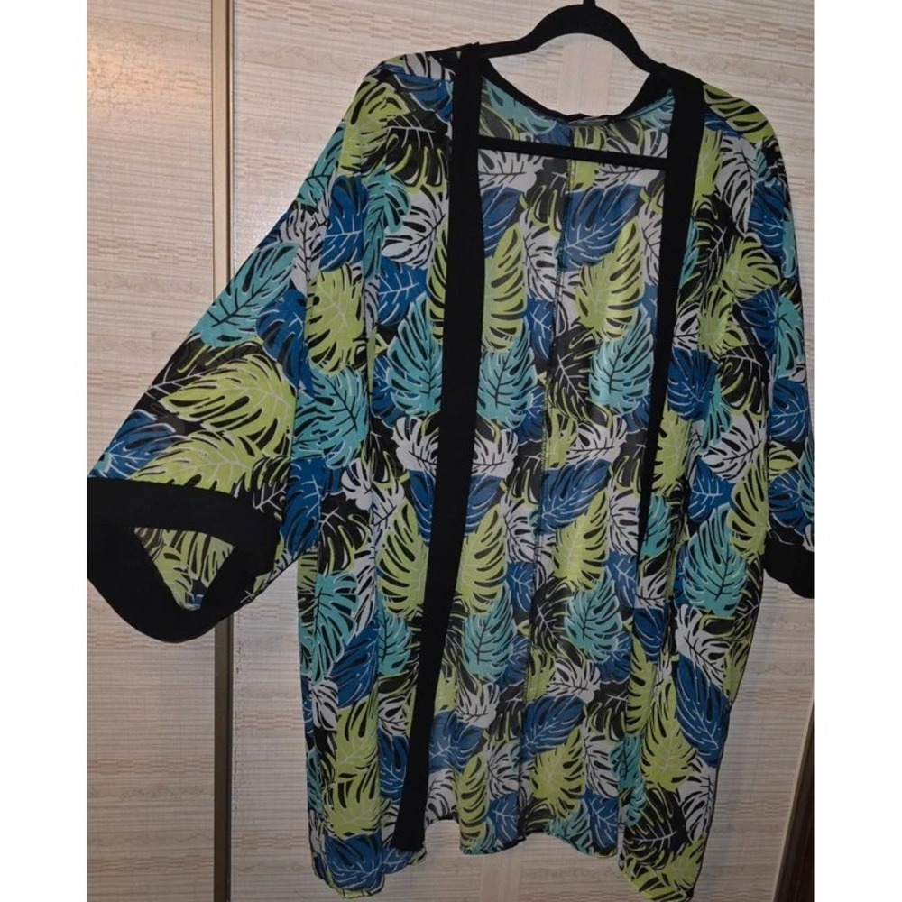 Avenue Tropical Monstera Leaf Print Kimono Wrap Chiffon Cover Up Plus Size 30/32